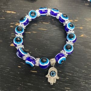 Evil Eye Bead Stretch Bracelet with Hamsa Charm